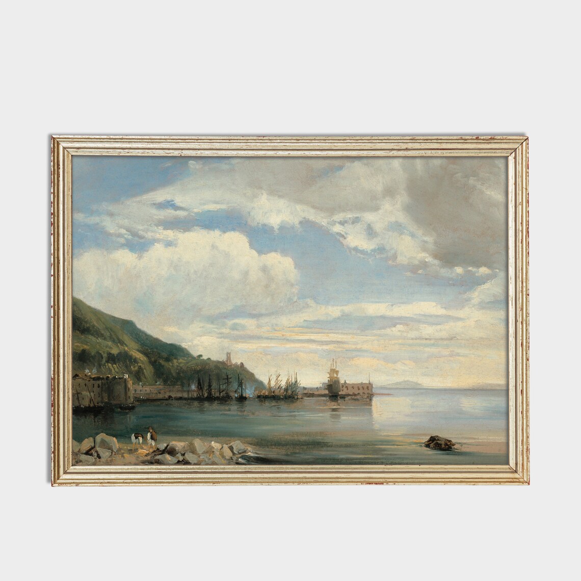 Tranquil Harbor Town with Anchored Boats Beneath Green Hills Poster - Image 2