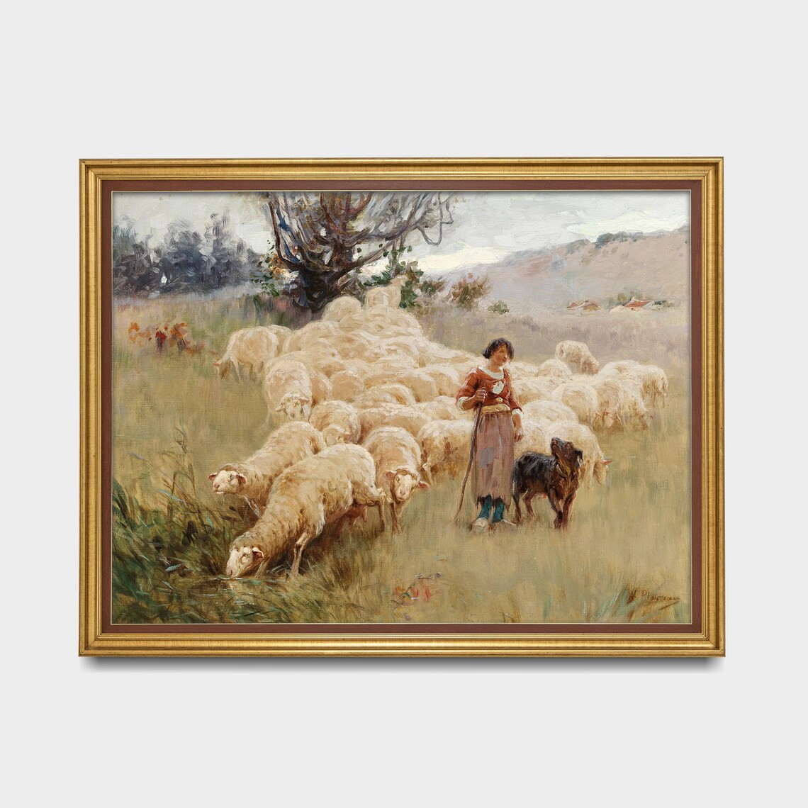 Vintage Shepherdess Guiding Her Flock of Sheep Painting Poster - Image 3