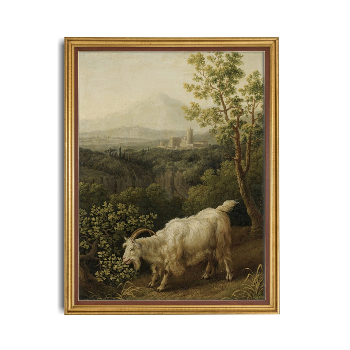 White Goat in Italian Valley Landscape with Castle Antique Poster - Image 4