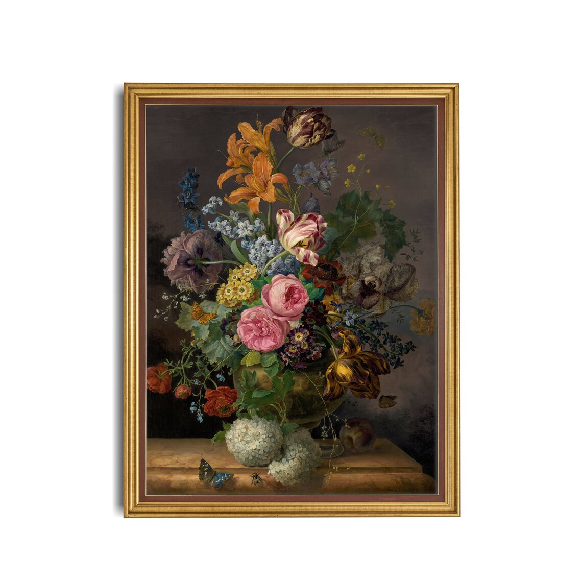 Floral Still Life with Roses Lilies and Tulips on a Stone Ledge Poster - Image 3