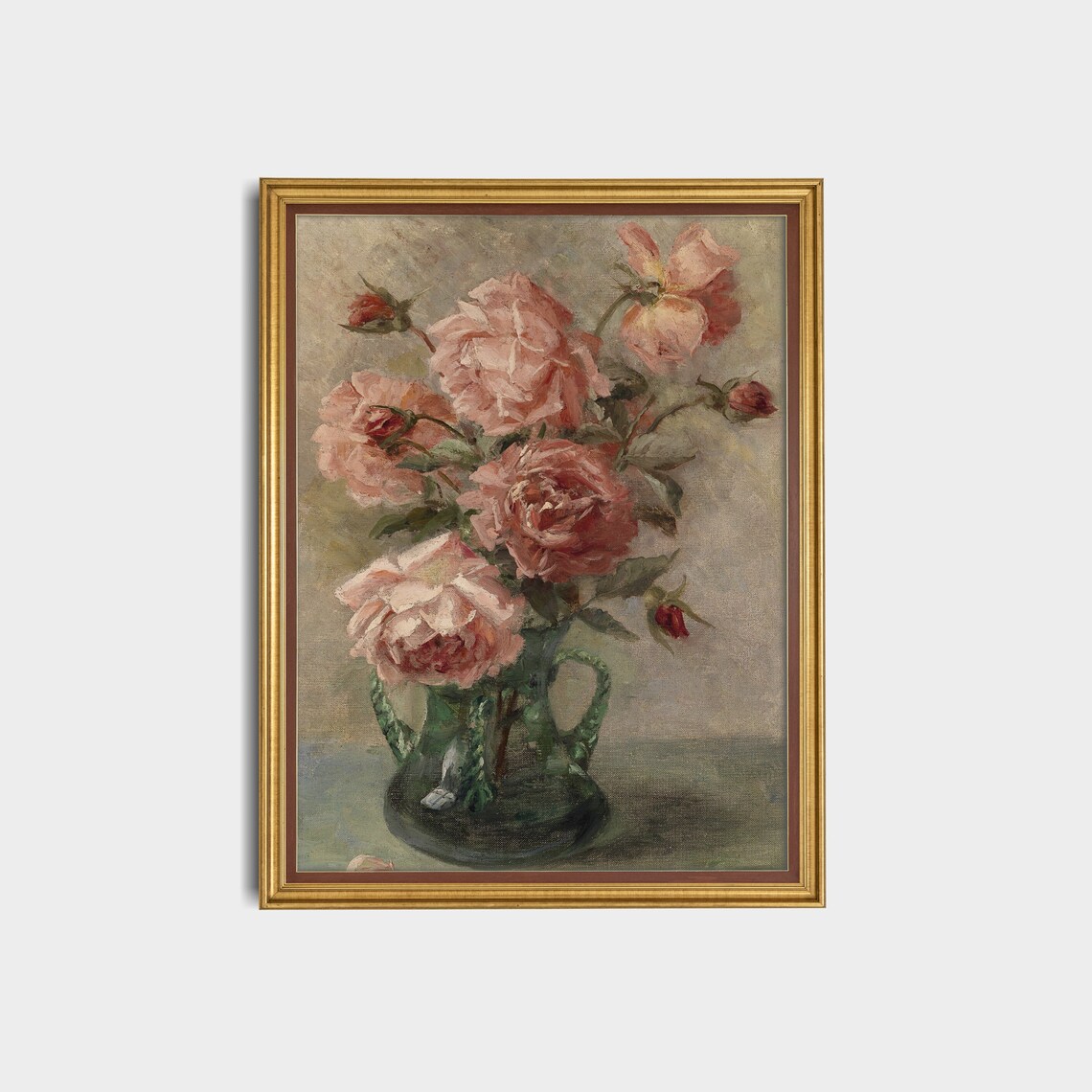 Pink Roses in a Green Glass Vase Antique Floral Still Life Poster - Image 3