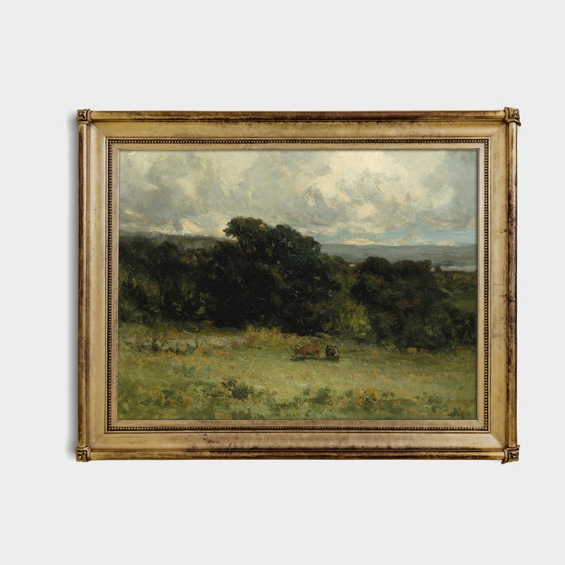 Cattle in a Windswept Green Meadow by a Dark Woodland Poster - Image 2