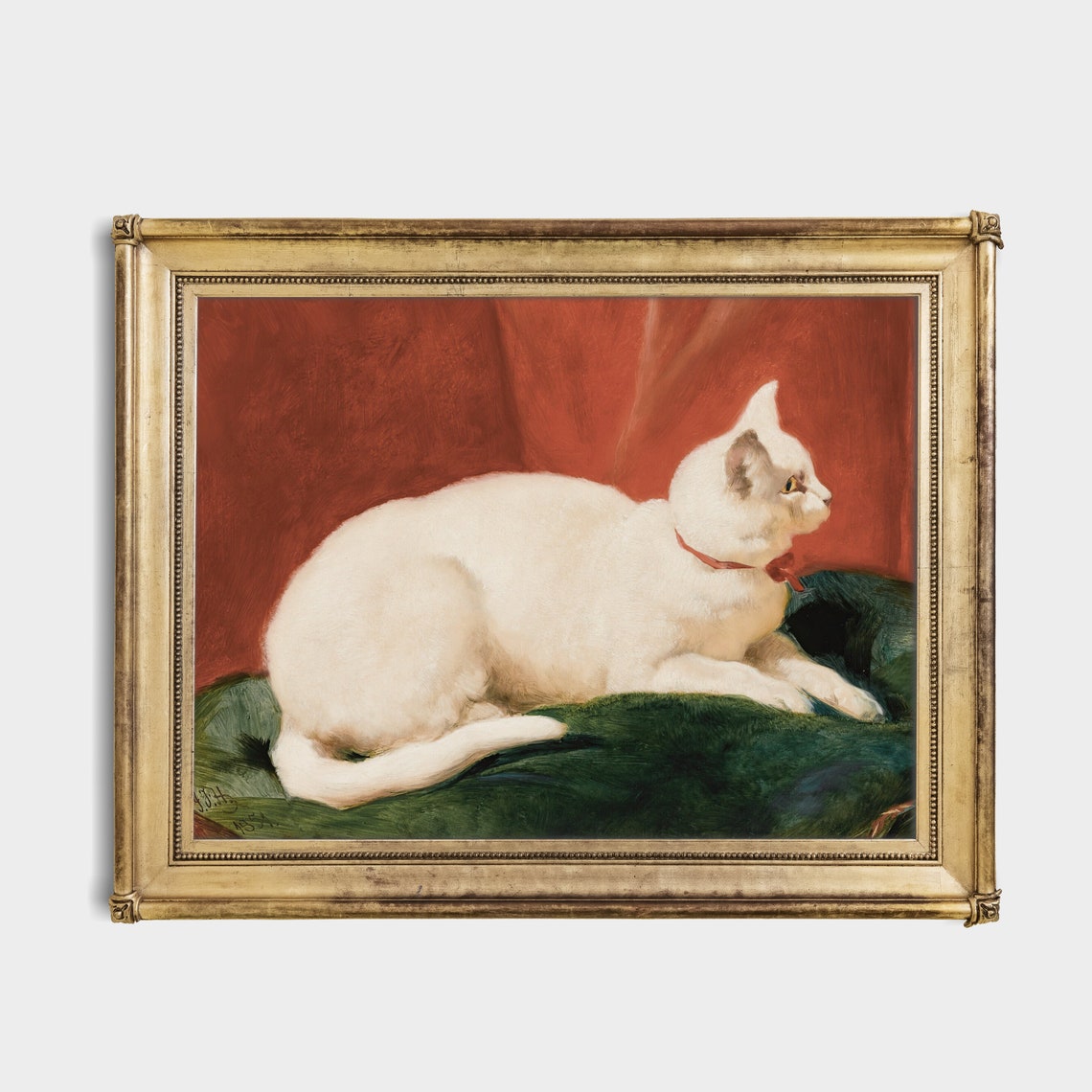 White Cat With Red Collar on Green Velvet Vintage Cat Poster - Image 4