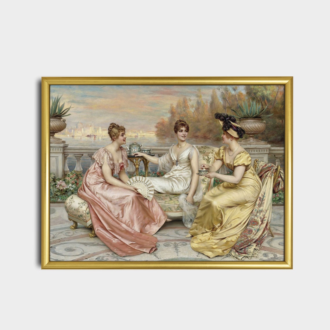 Three Elegant Women Enjoying Tea on a Terrace Vintage Painting Poster - Image 2