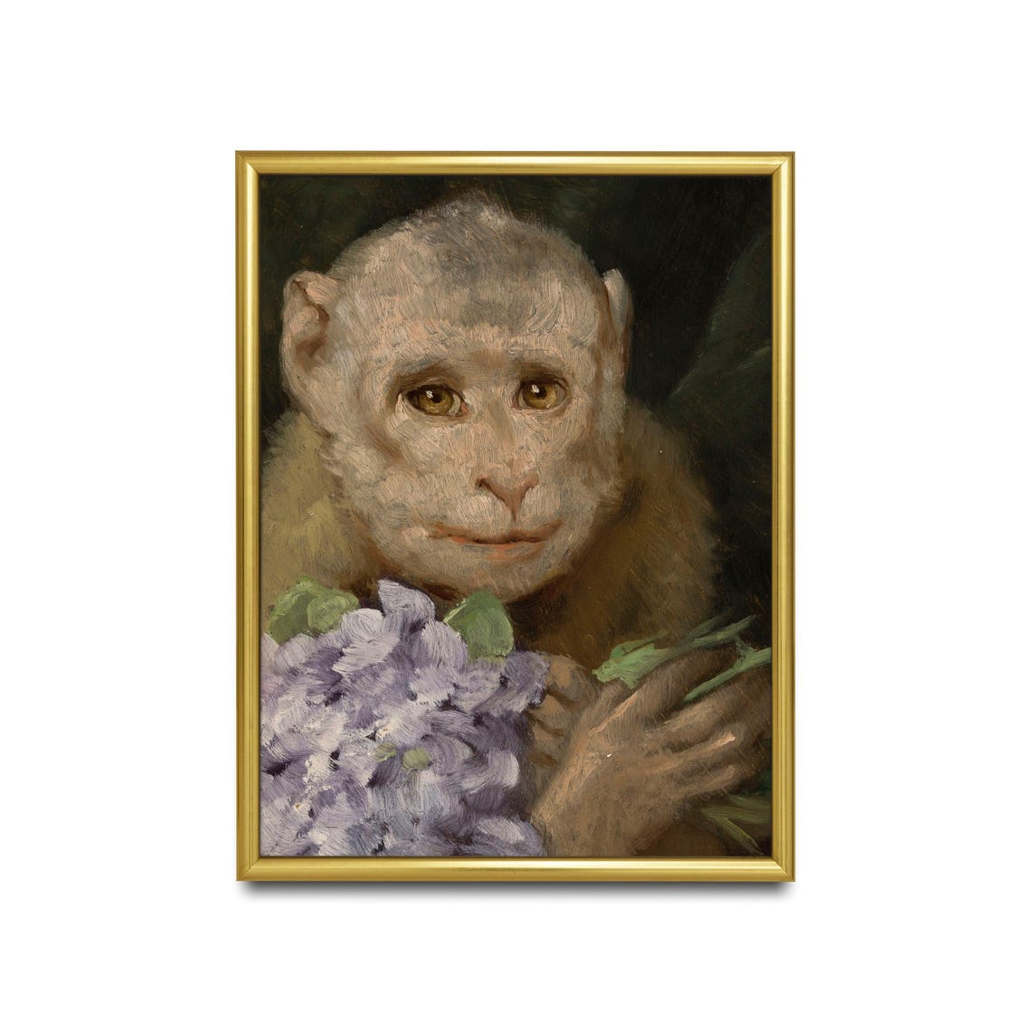 Monkey Holding Purple Flowers Close-Up Vintage Animal Art Poster - Image 2