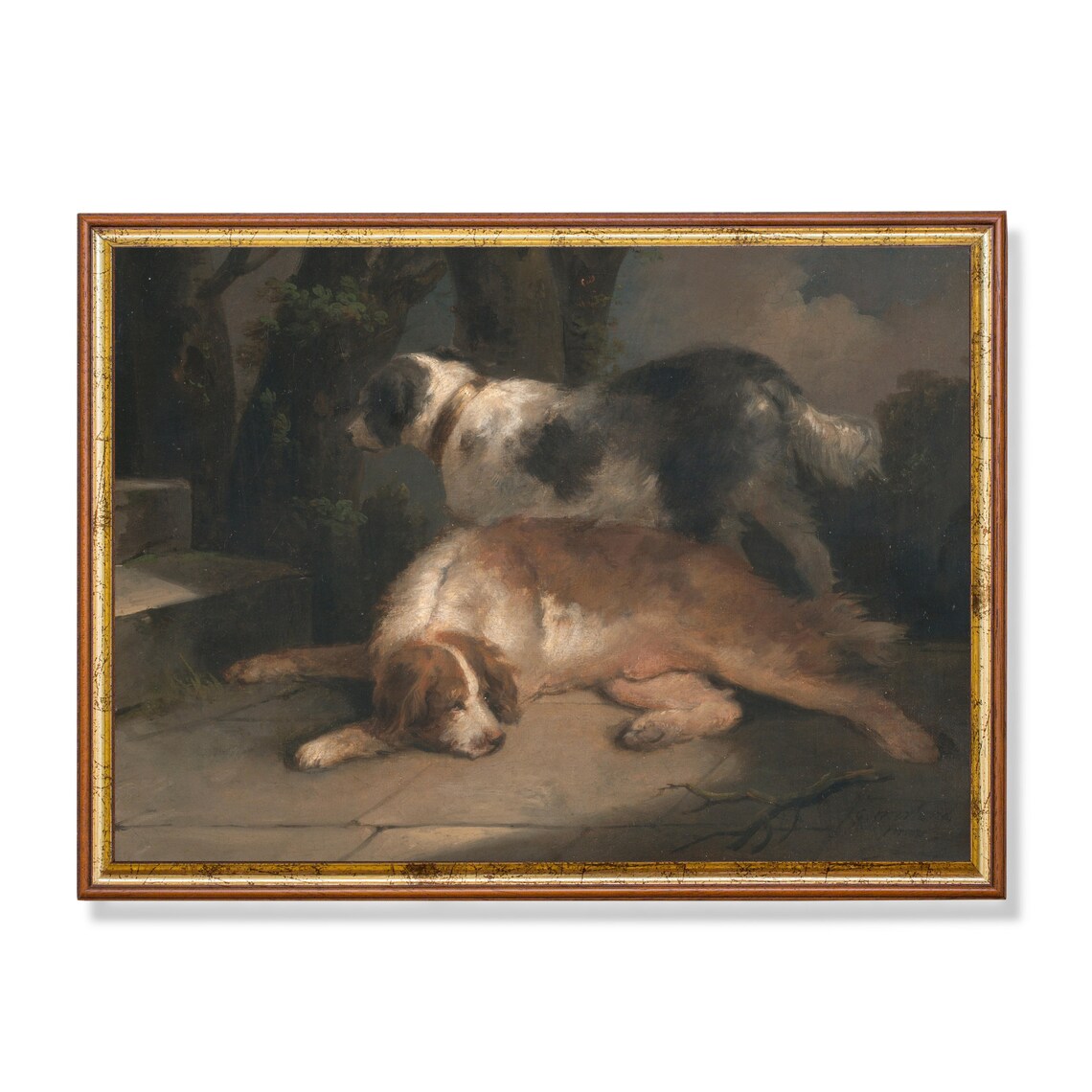 Two Resting Dogs Antique Oil Painting Vintage Canine Art Poster