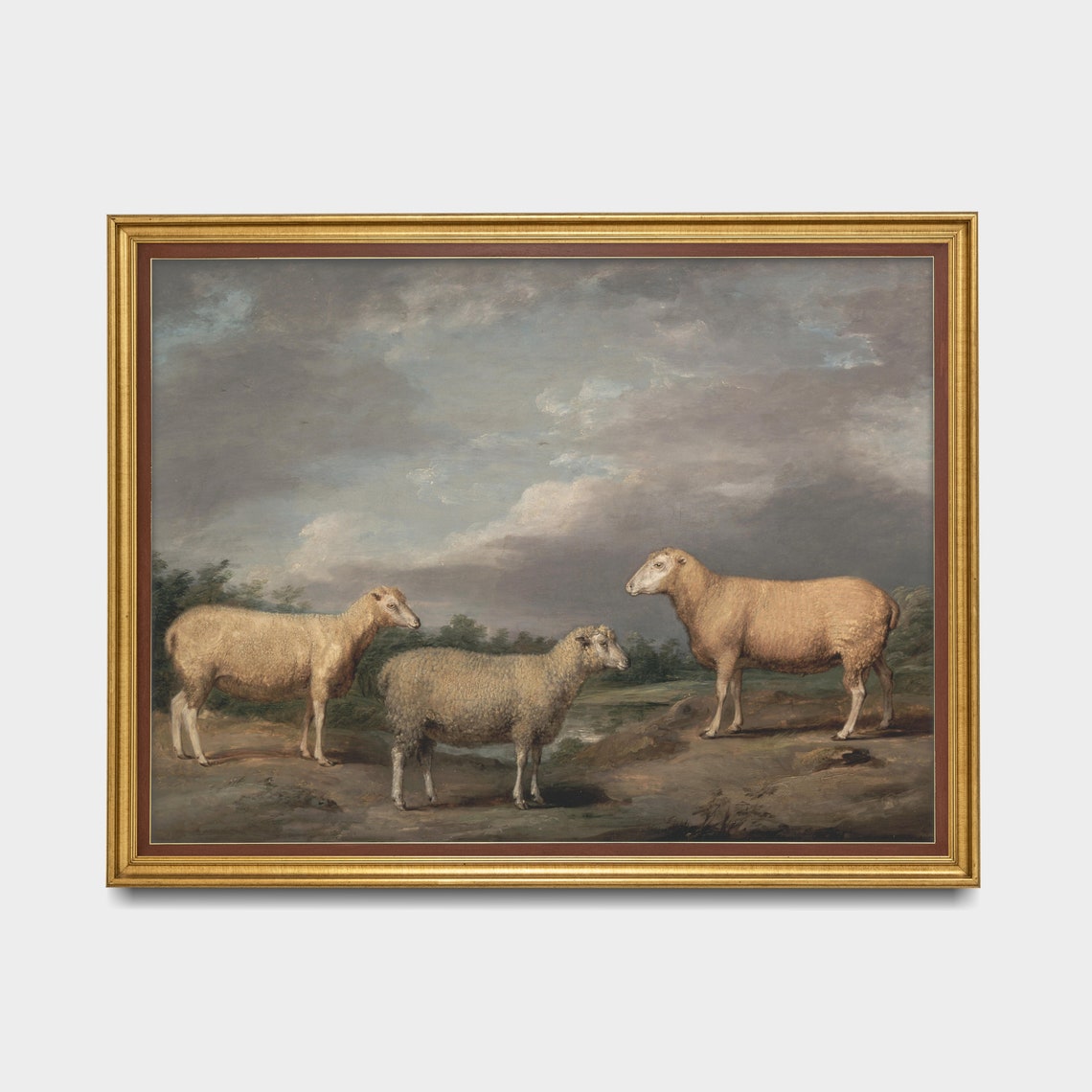Three Sheep Under a Stormy Sky Antique Moody Pastoral Painting Poster - Image 3