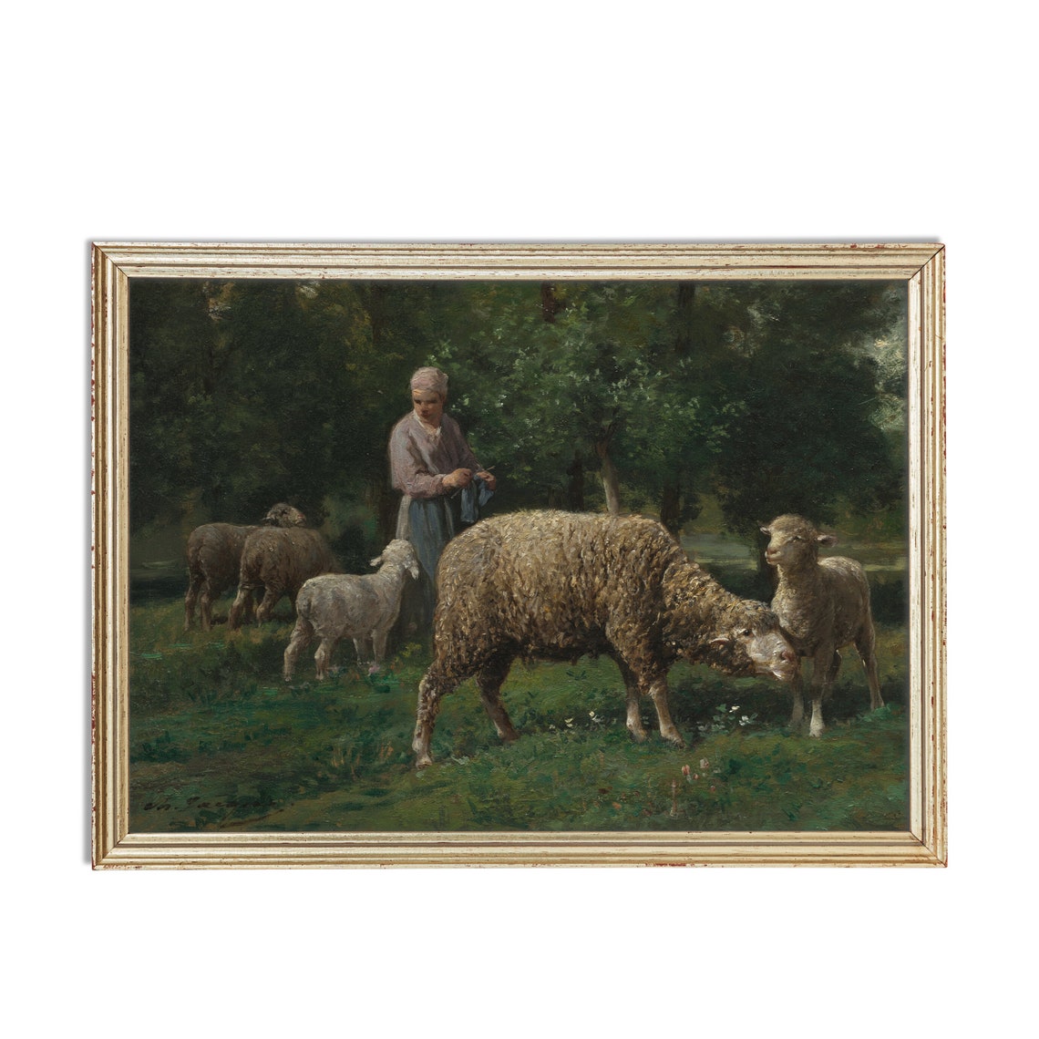 Shepherdess With Sheep Grazing In Green Pasture Vintage Art Poster - Image 3