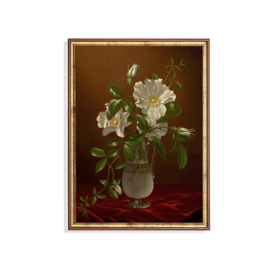 White Wild Roses in Glass Pitcher Vintage Floral Still Life Poster