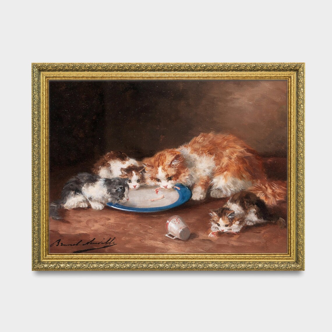 Vintage Cat Family Painting Mother Cat With Kittens Antique Wall Art - Image 3