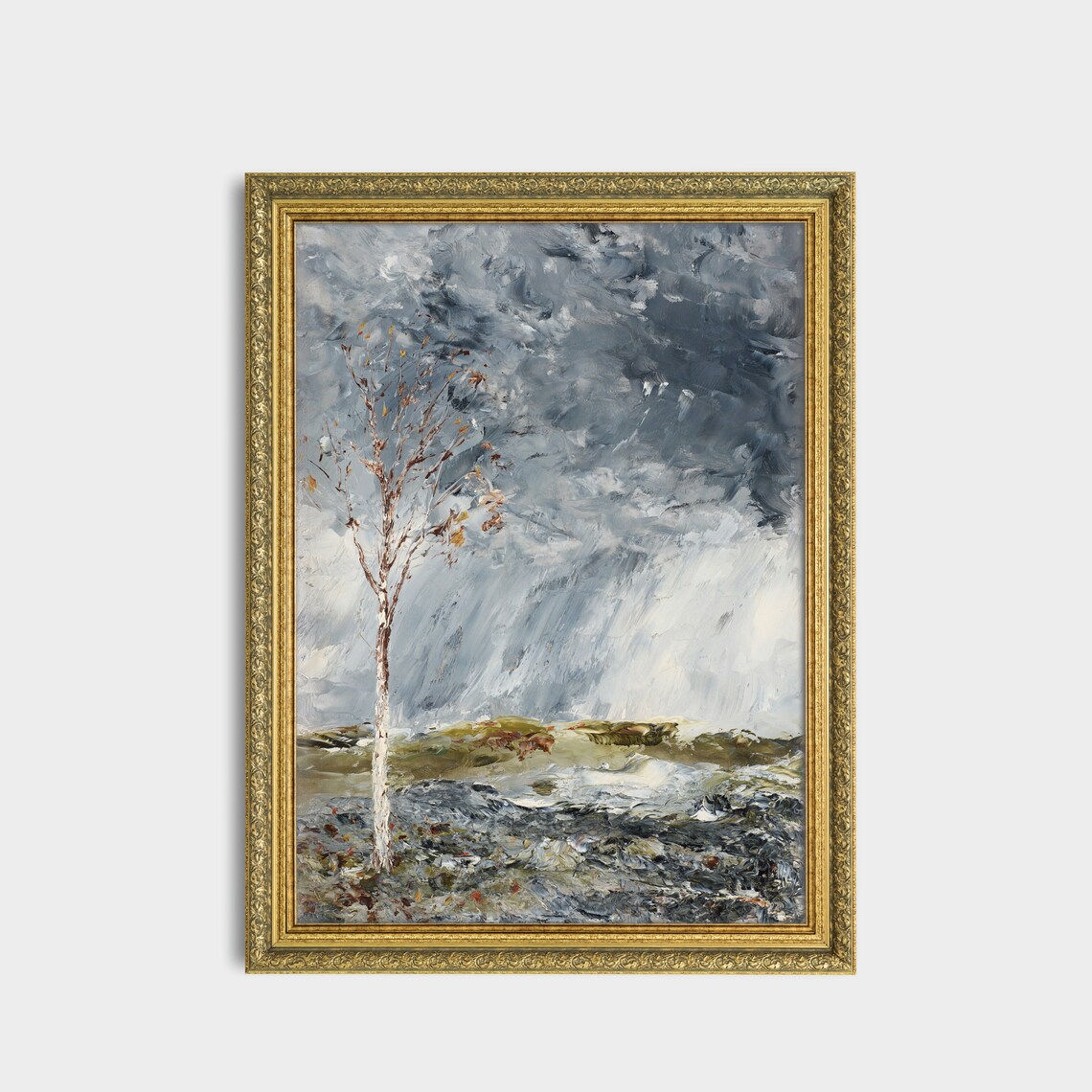 Solitary Tree on Rocky Shore Painting Stormy Sky Moody Wall Art - Image 3