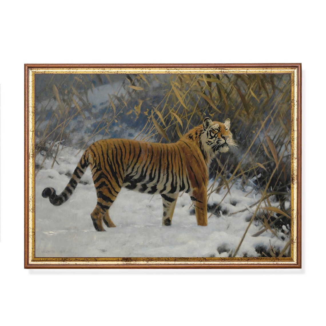 Tiger Standing in the Snow Winter Vintage Wildlife Oil Painting Poster