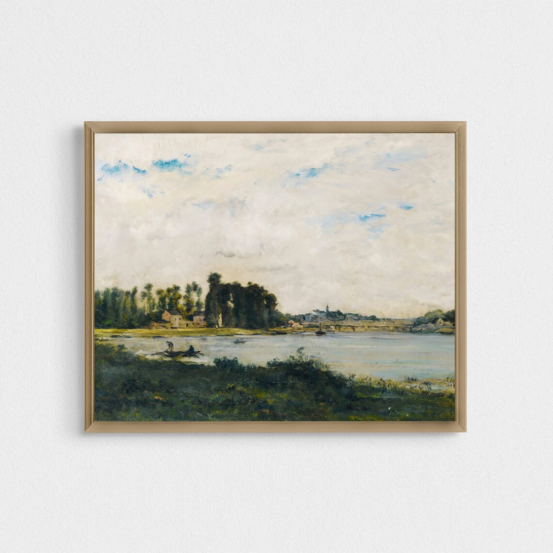 River Village with Rowboats Calm Water Antique Painting Poster - Image 4