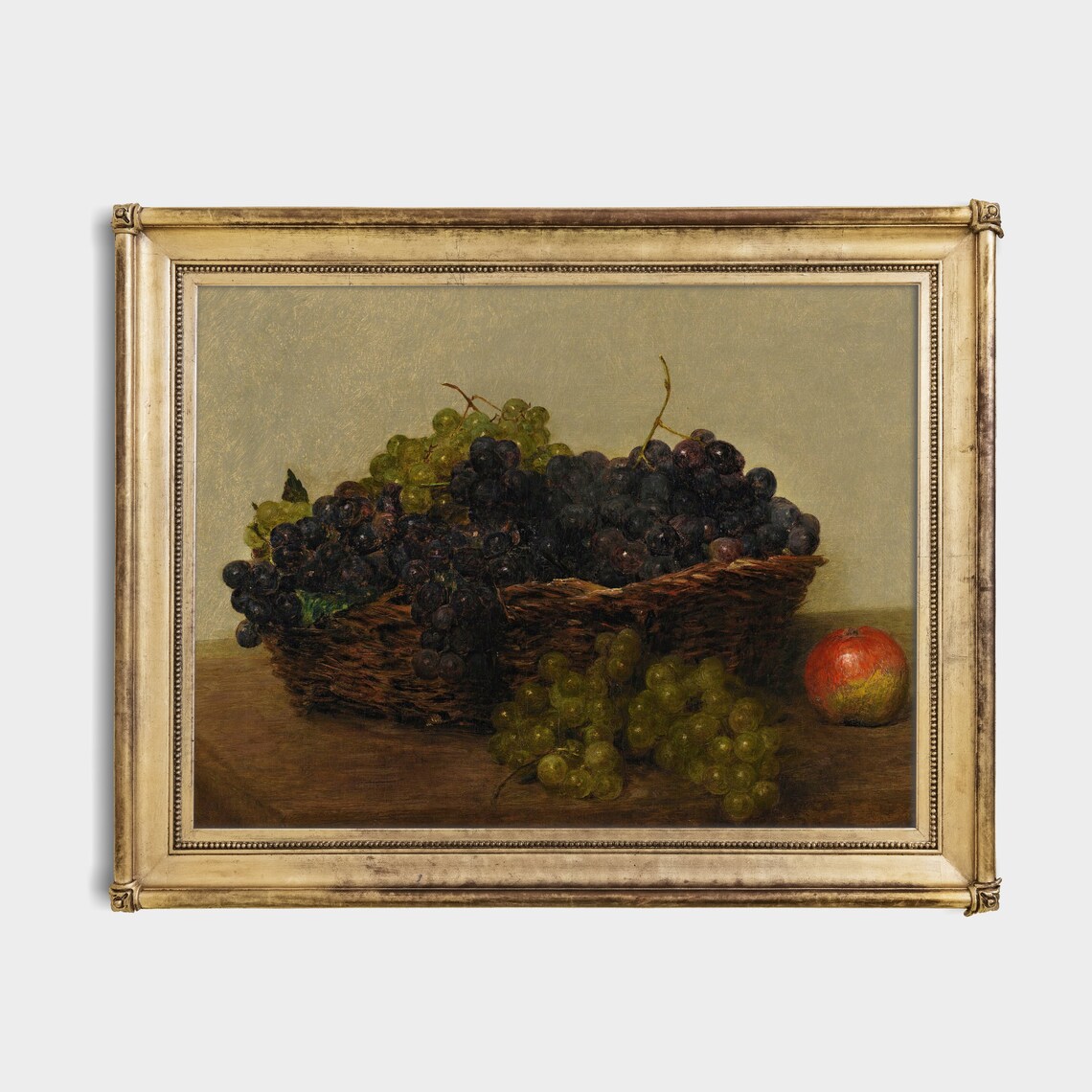 Basket of Dark and Green Grapes with Apple Antique Still Life Poster - Image 2