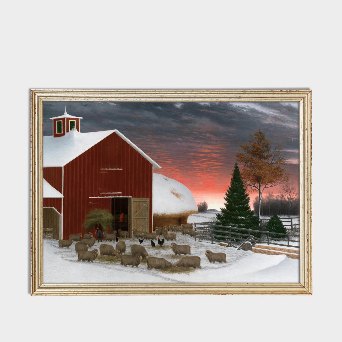 Red Barn Sheep and Chickens Snowy Winter Barnyard Folk Art Poster - Image 3