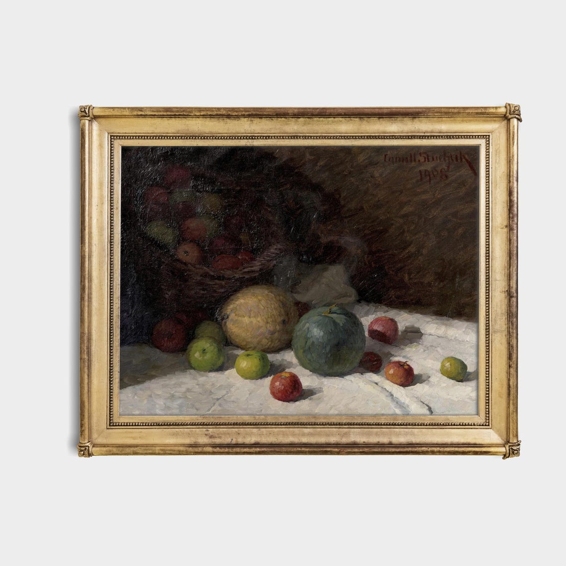 Vintage Fruit Still Life Apples Melons Basket Dark Moody Art Poster - Image 4