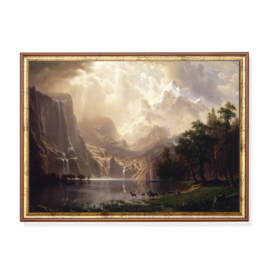Antique Mountain Valley Waterfall with Deer at the Lake Poster