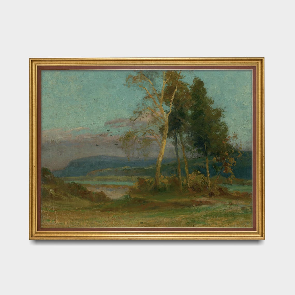 Tall Slender Trees Beside a Still River Under a Teal Sky Poster - Image 5