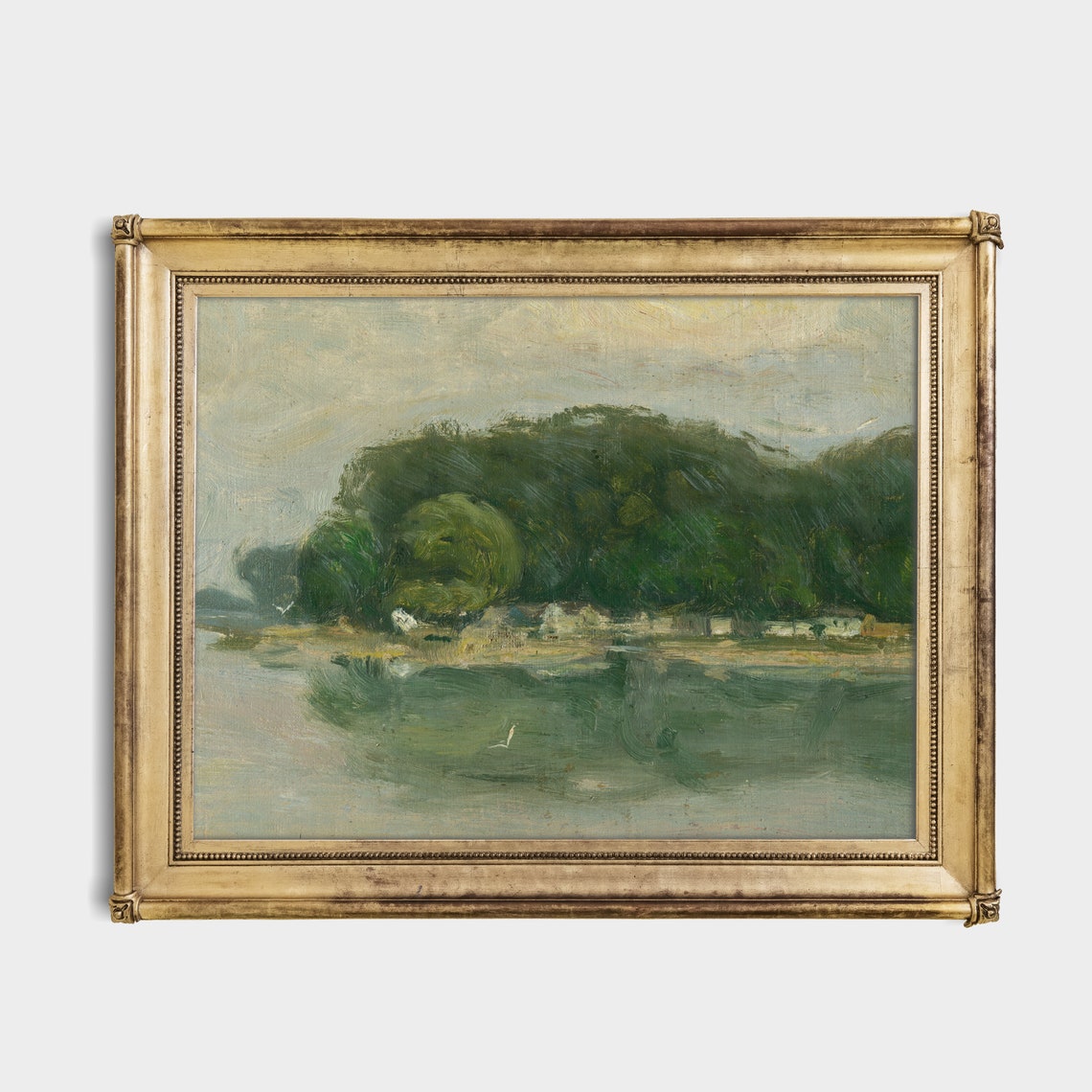 Wooded Riverbank with White Cottages Impressionist Landscape Poster - Image 2