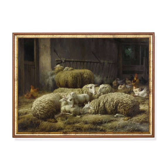 Sheep And Chickens In Farm Country Farmhouse Decor Moody Rustic Oil Painting Animal Print Vintage Art