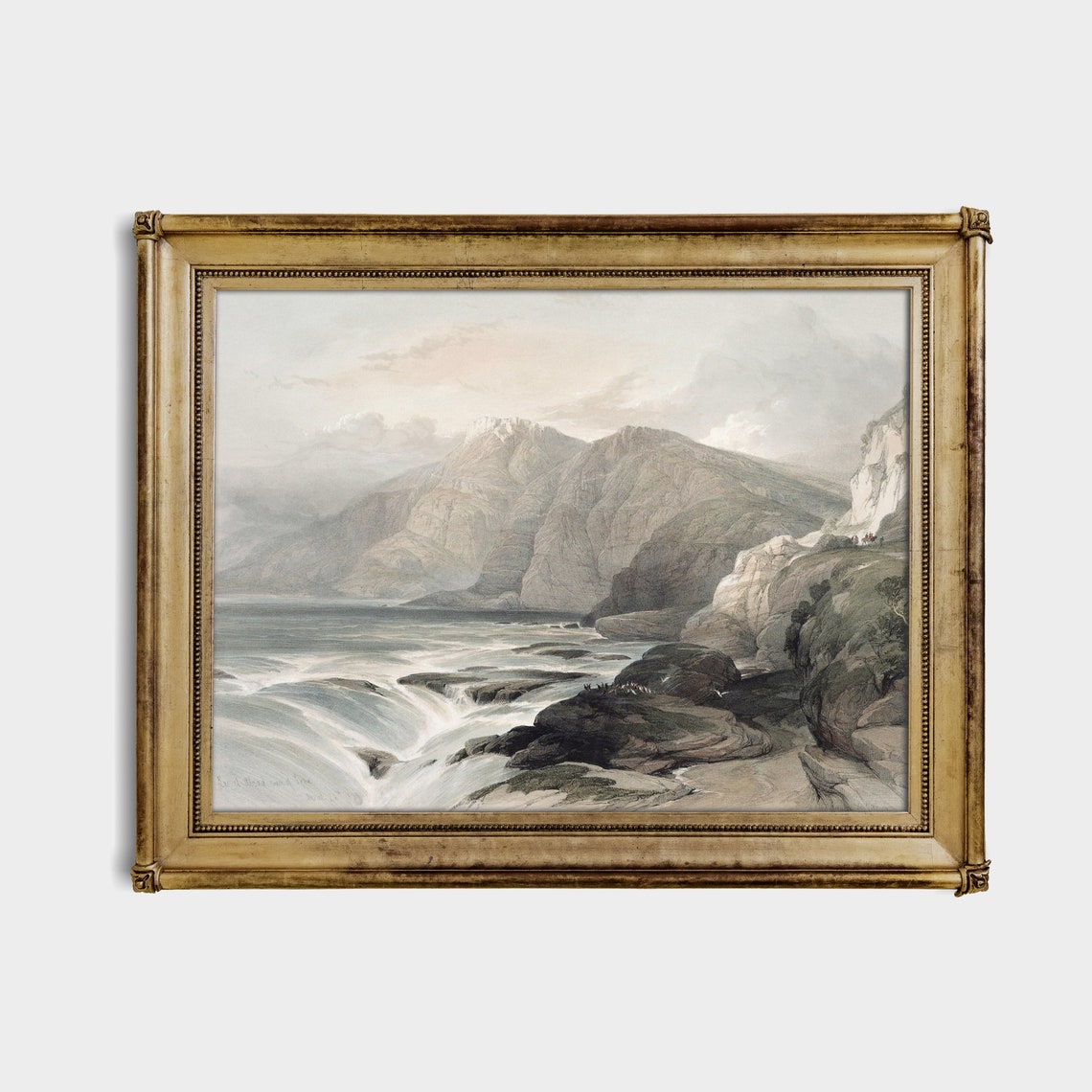 Misty Coastal Cliffs River Mouth Antique Engraved Landscape Poster - Image 3