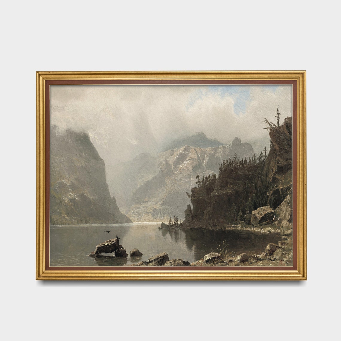 Rocky Cliffs Over a Still Mountain Lake Antique Landscape Poster - Image 2