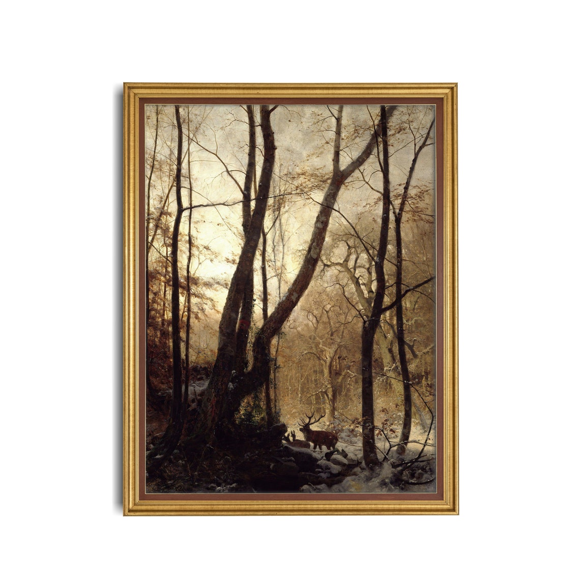 Deer Among Dark Trees in Winter Vintage Woodland Painting Poster - Image 3
