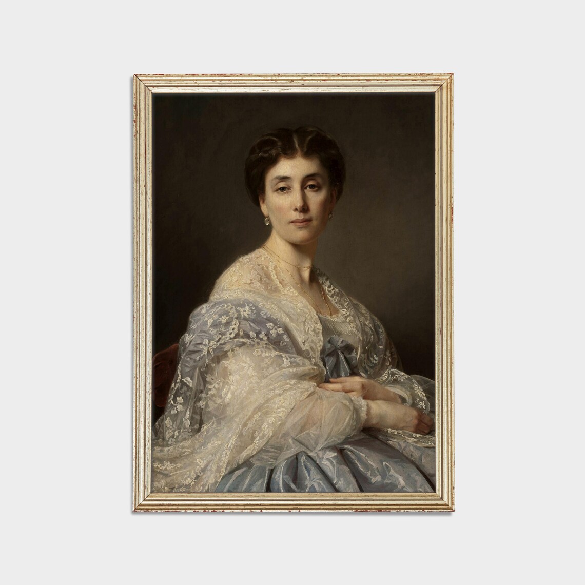 Elegant Woman Lace Shawl Blue Dress Seated Antique Portrait Poster - Image 2