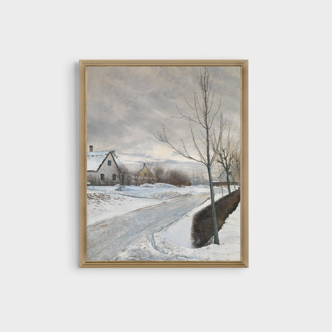 Snow Covered Village Street Cottages Beneath Grey Winter Sky Poster - Image 3