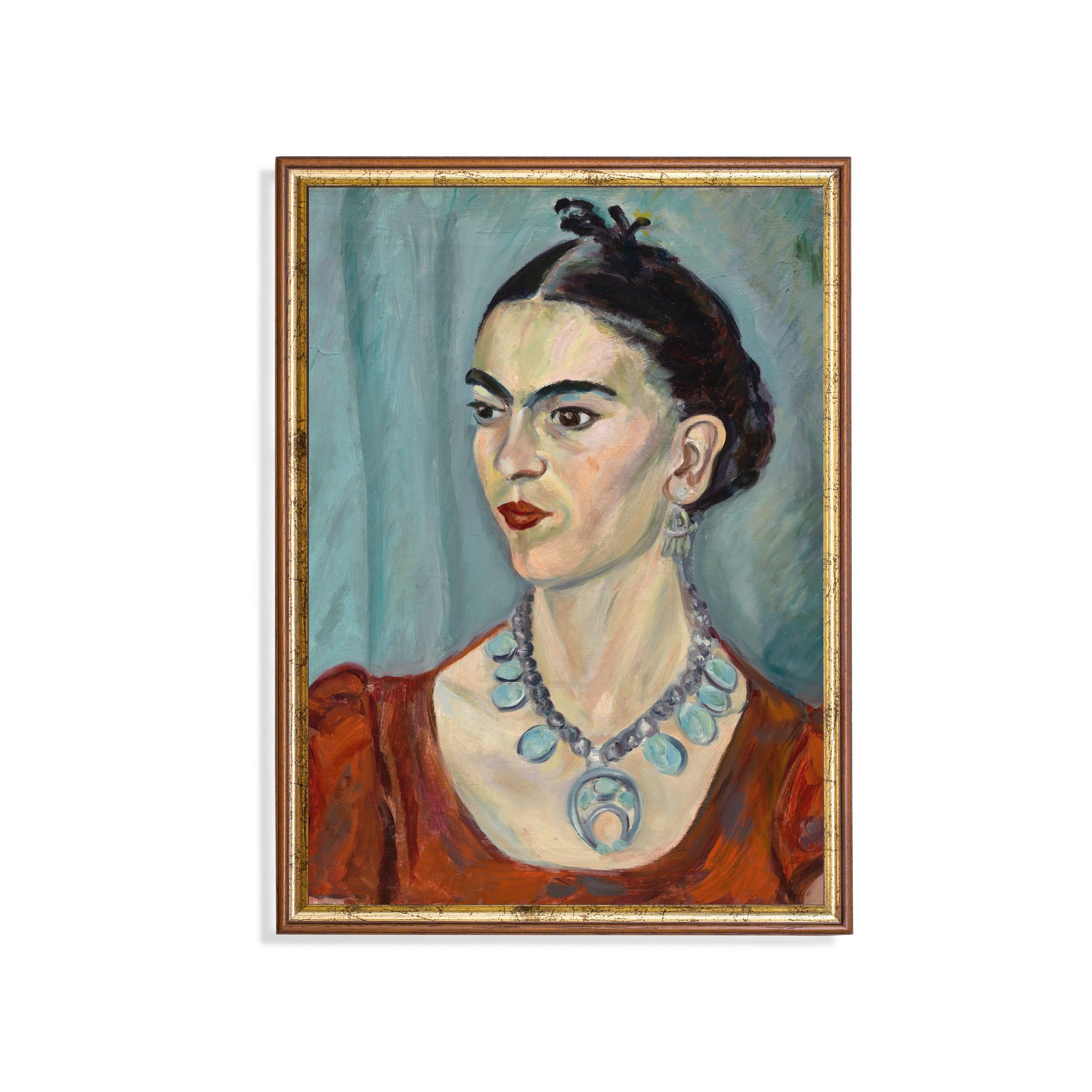 Frida Kahlo Style Portrait in Red Dress With Turquoise Necklace Poster