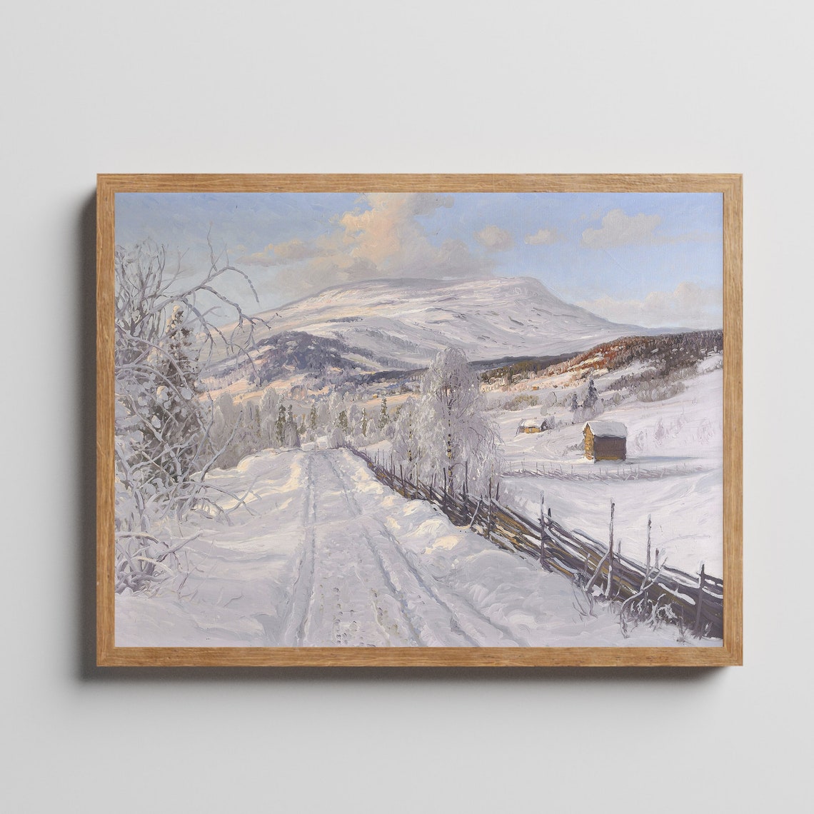 Snowy Mountain Valley Road with Frost-Covered Trees Scenic Poster - Image 2