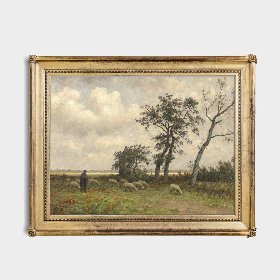 Shepherd With Grazing Sheep Under Cloudy Sky Pastoral Poster - Image 4