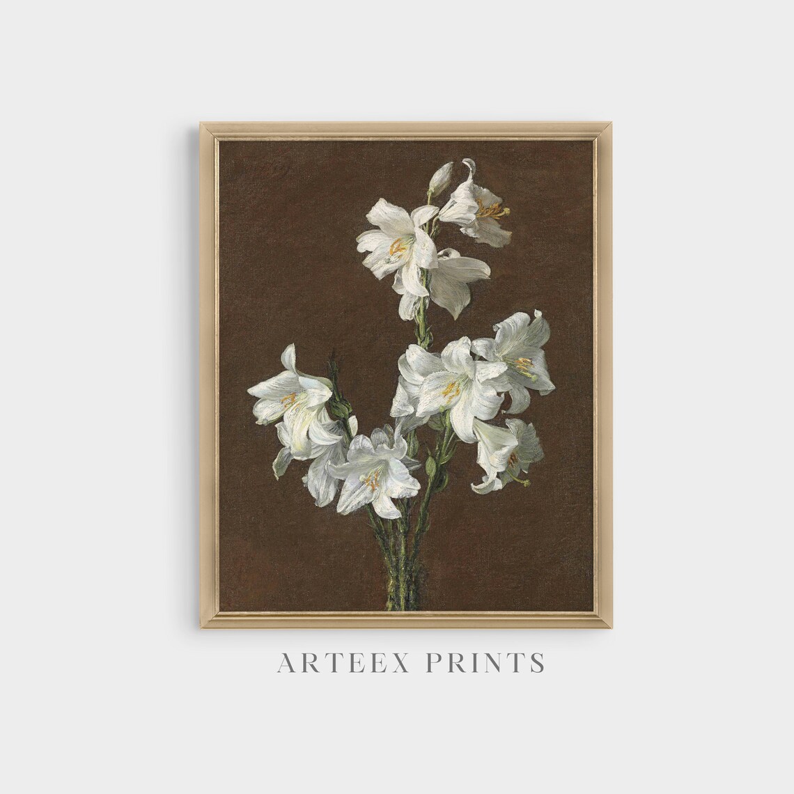 White Lilies on a Brown Ground Vintage Botanical Still Life Poster - Image 5