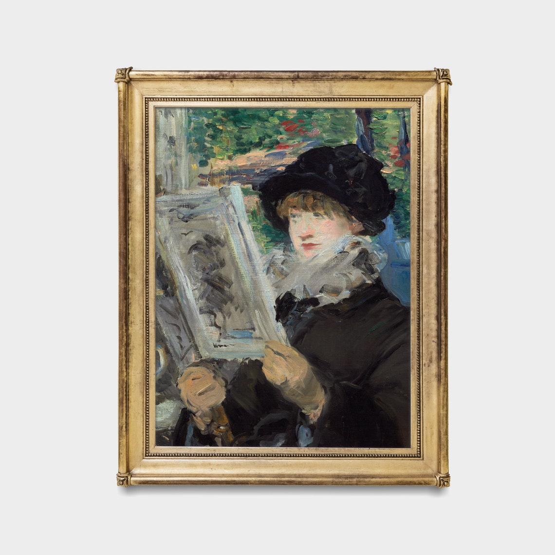 Woman Reading Newspaper Outdoors Impressionist Portrait Poster - Image 3