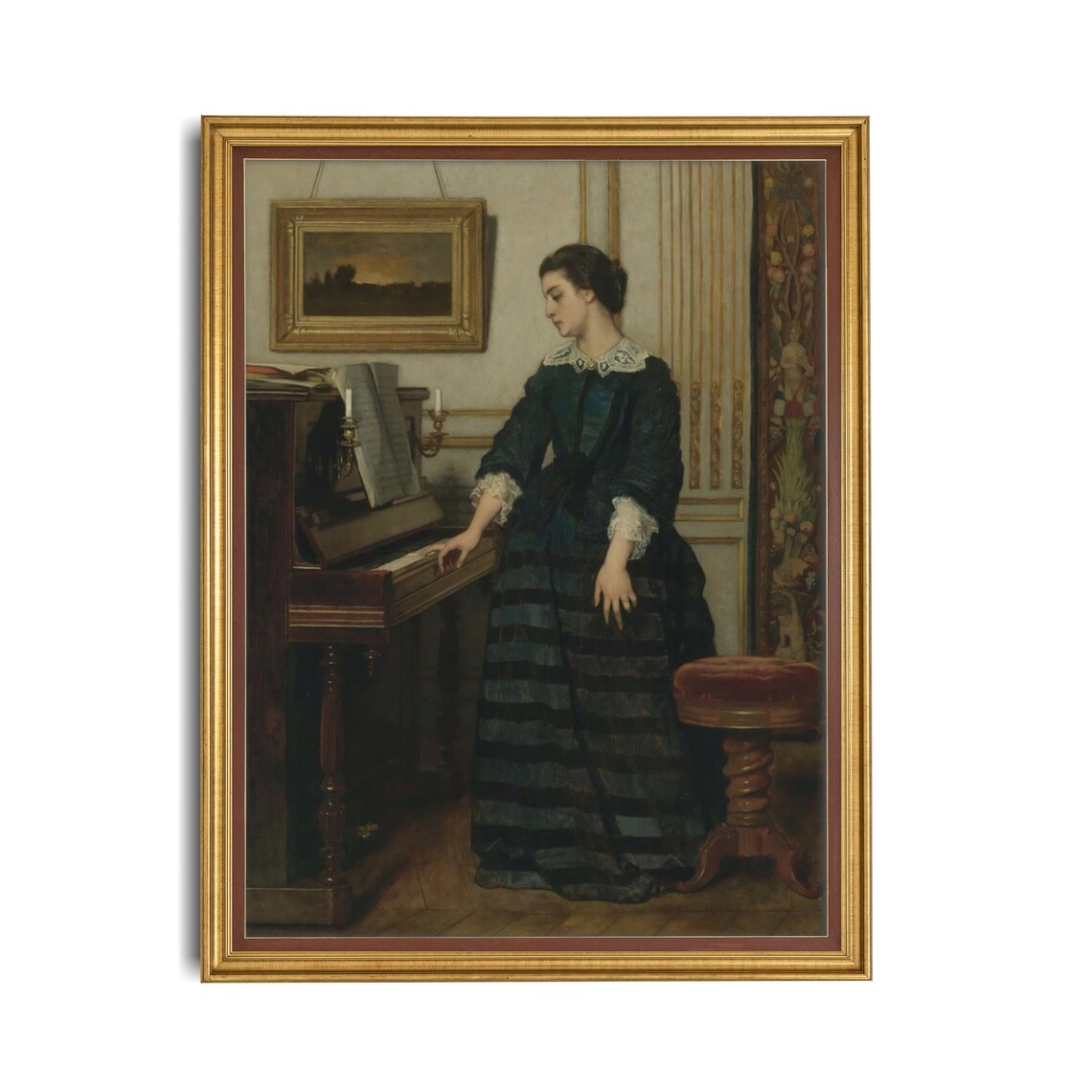 Victorian Woman At The Piano Antique Interior Portrait Painting Poster - Image 4