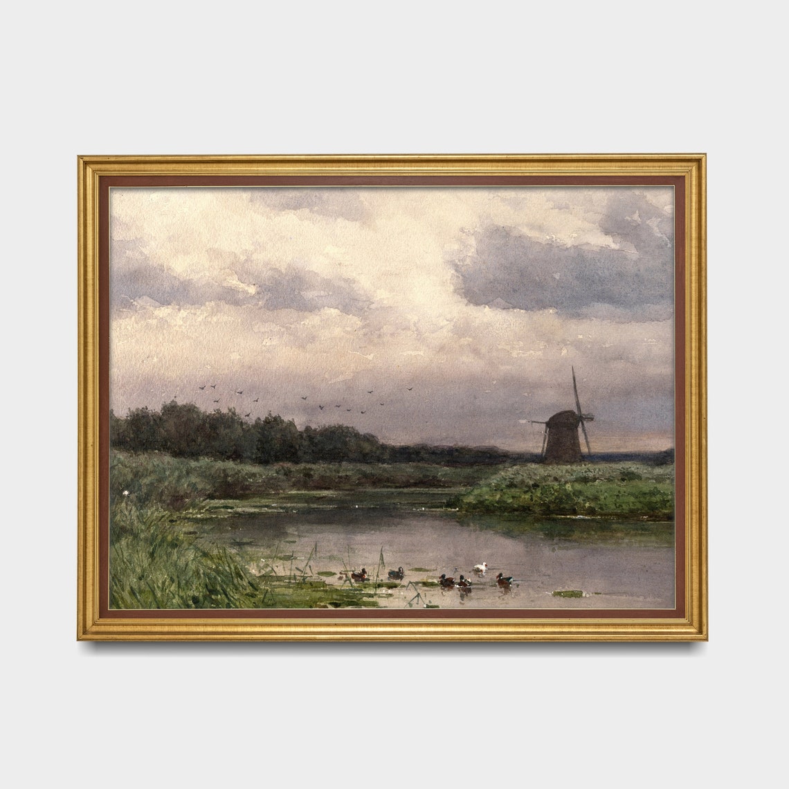 Dutch Marsh Landscape with Windmill and Ducks Watercolor Poster - Image 3