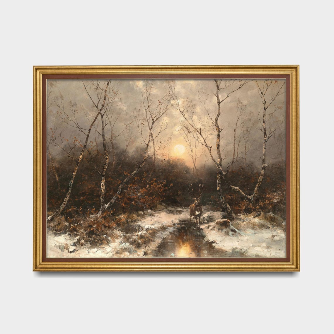 Stag In A Snowy Birch Forest At Moonlight Vintage Art Poster - Image 5