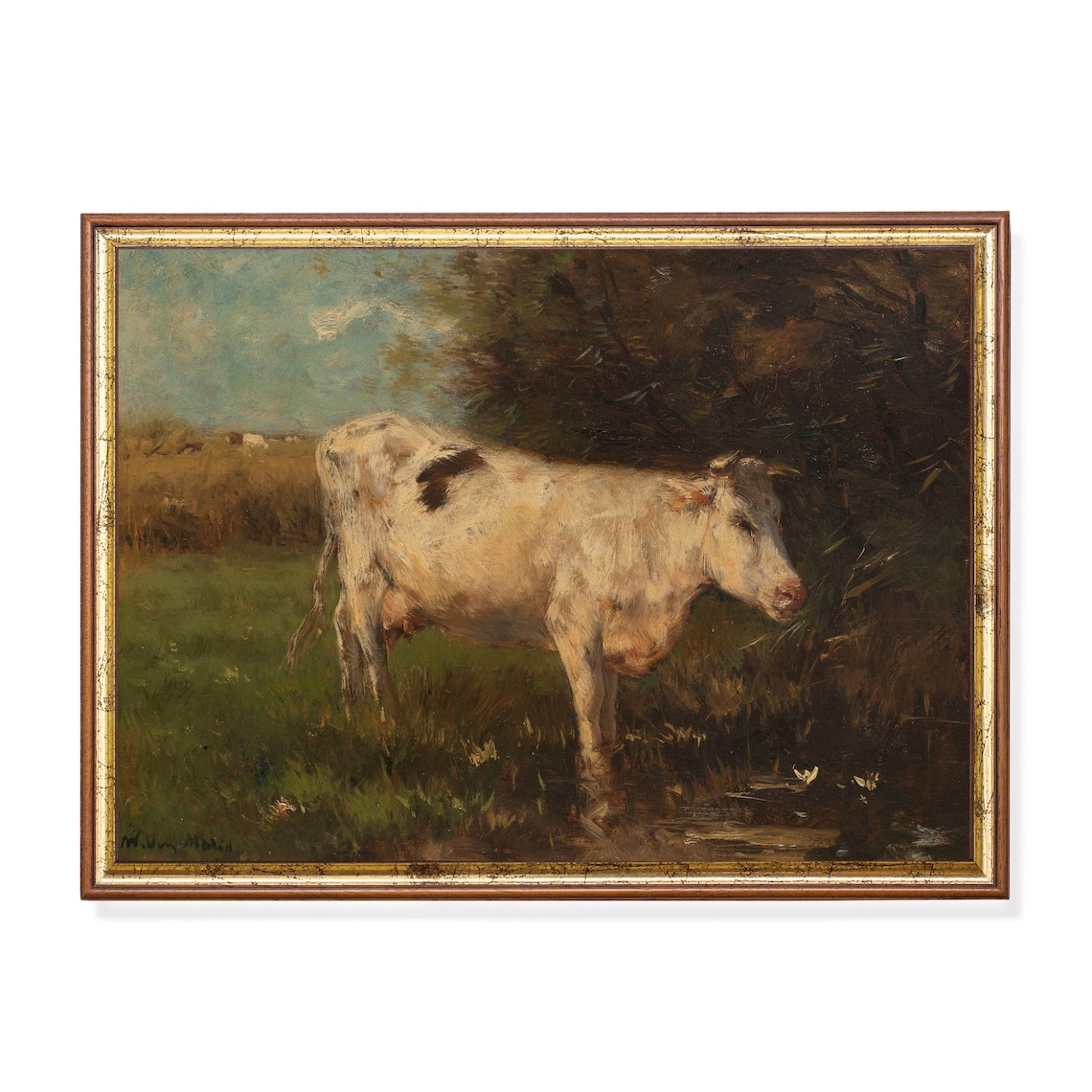 White Cow By A Meadow Stream Vintage Pastoral Painting Poster