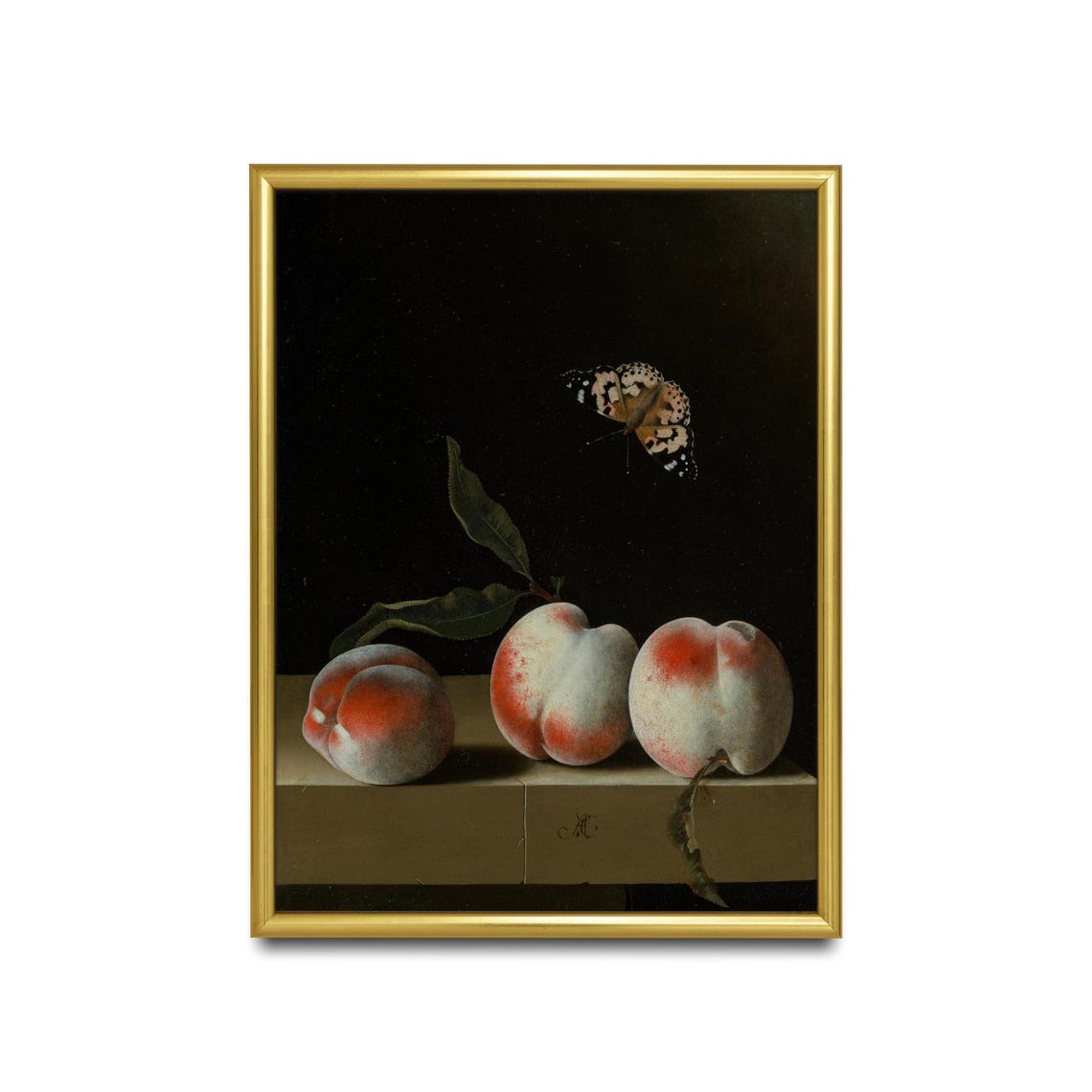 Three Peaches With A Butterfly Vintage Still Life Art Poster - Image 2