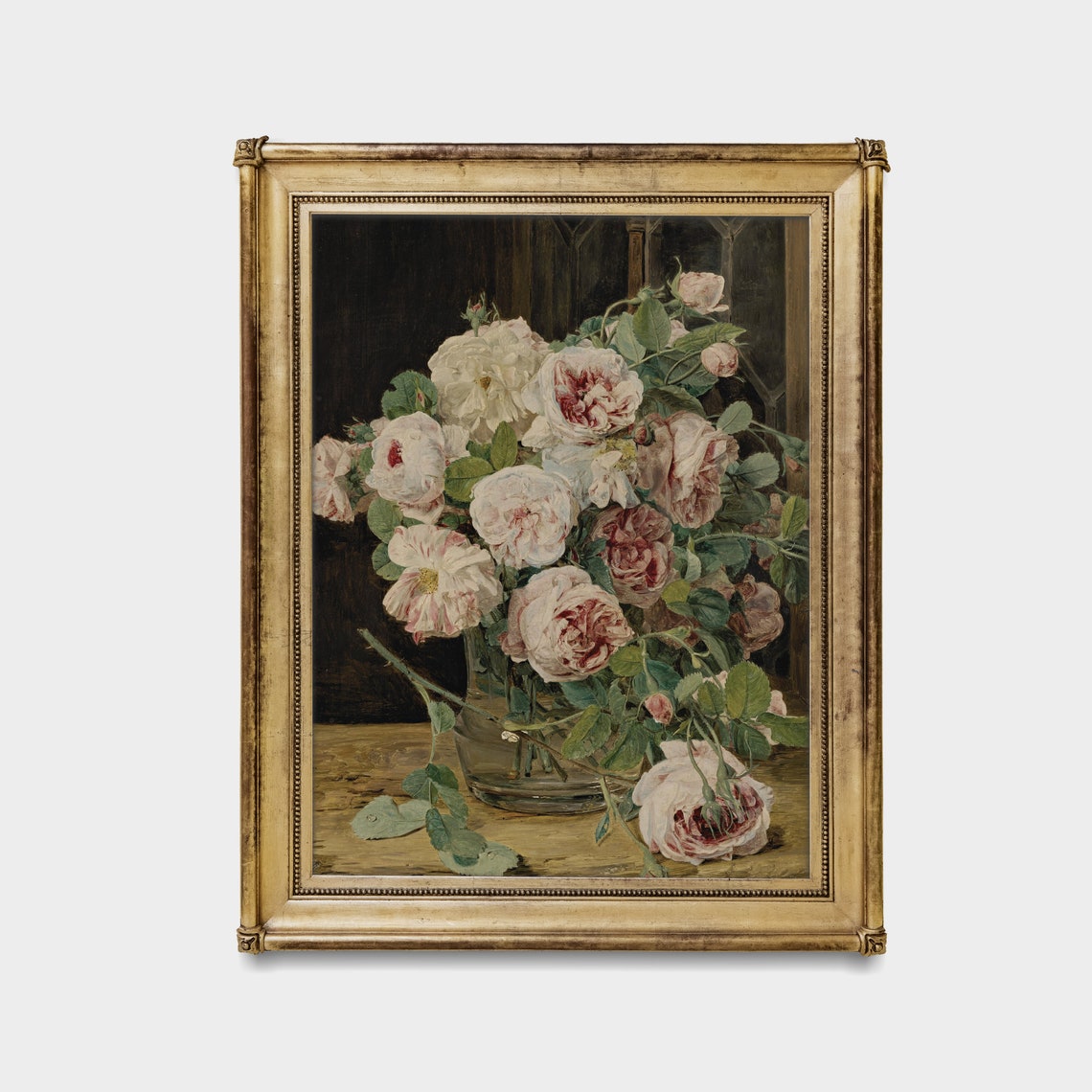 Blush Striped Roses in Glass Vase Before Leaded Window Vintage Poster - Image 2