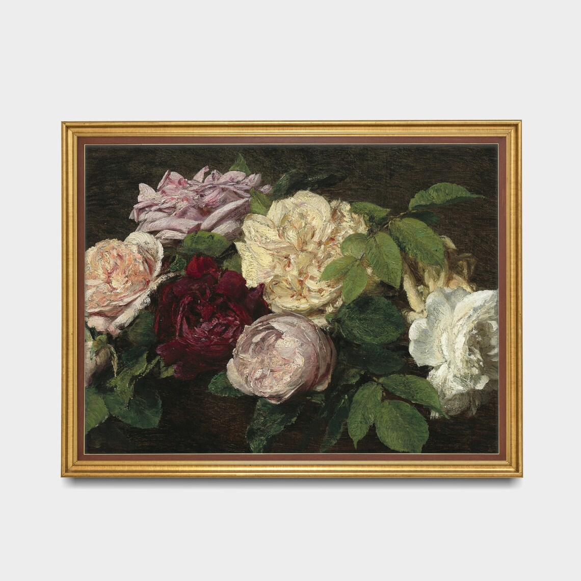 Bouquet of Cream Blush and Burgundy Roses Vintage Painting Poster - Image 3