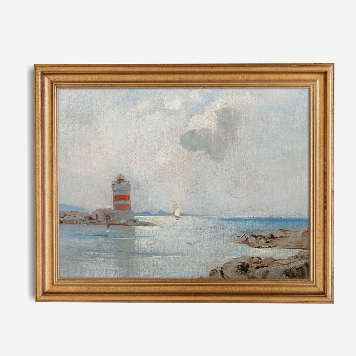 Red Striped Lighthouse on Rocky Shore Calm Sea Vintage Seascape Poster - Image 2
