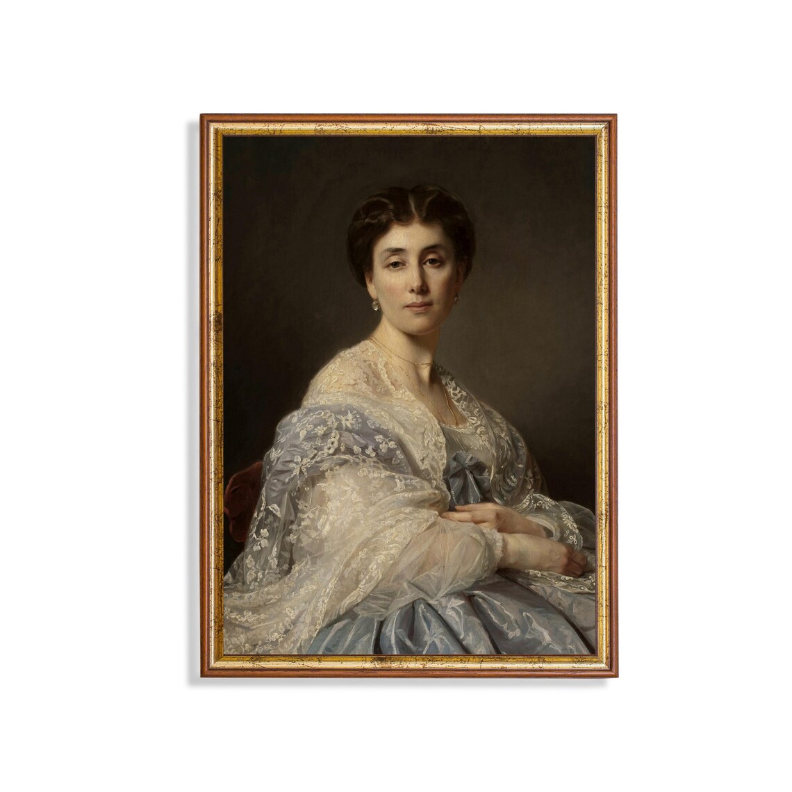 Elegant Woman Lace Shawl Blue Dress Seated Antique Portrait Poster