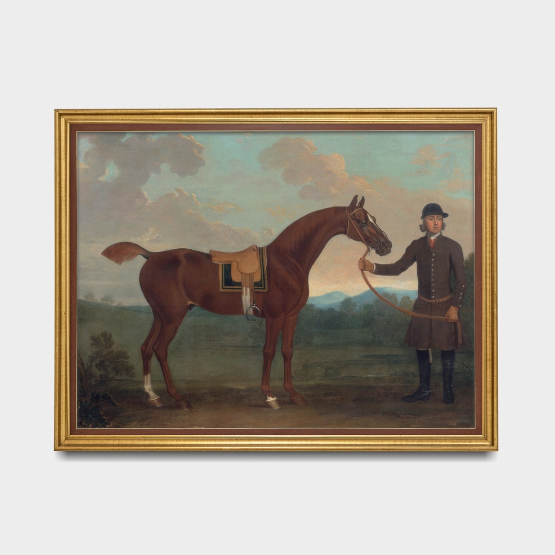 Bay Horse Held by Groom Saddled Cloudy Sky Vintage Equestrian Poster - Image 3