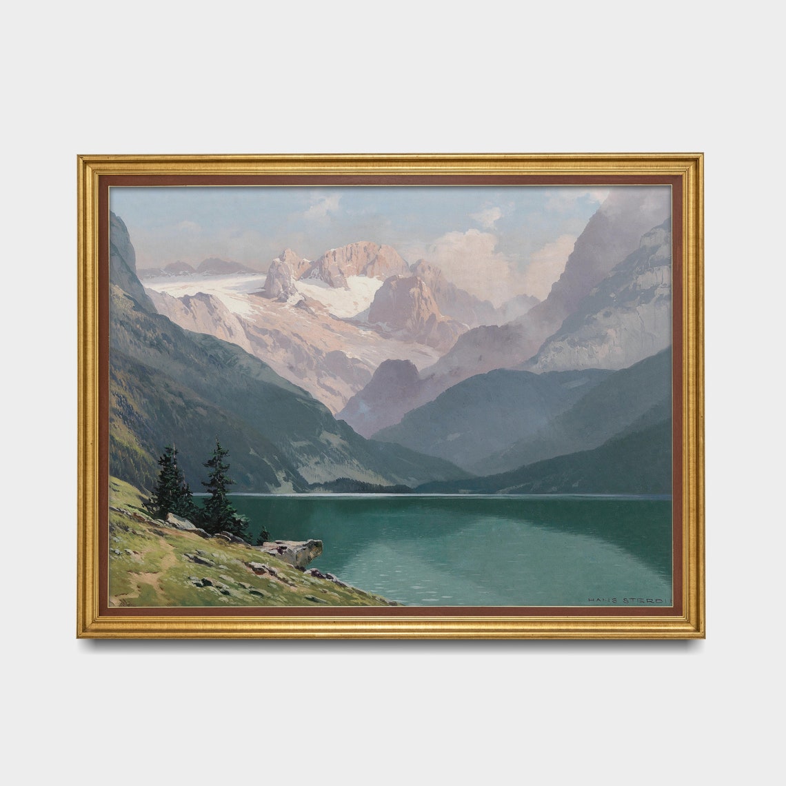 Alpine Mountain Lake Painting Signed Vintage Landscape Wall Art - Image 4