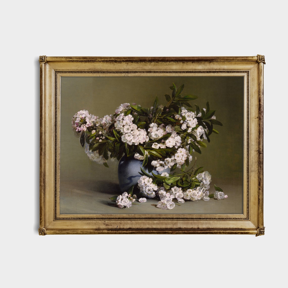 White Blossoms Overflowing from a Blue Vase Antique Oil Poster - Image 3