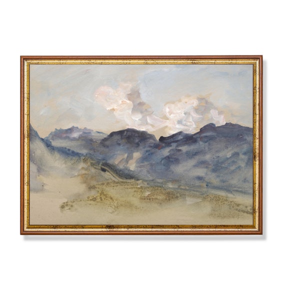 Vintage Landscape Painting Antique Mountain Print Watercolor Rustic Fine Art Farmhouse Decor Wall Art