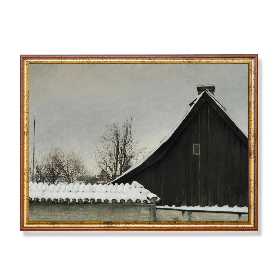 Dark Barn in Winter Snow Nordic Countryside Vintage Painting Poster
