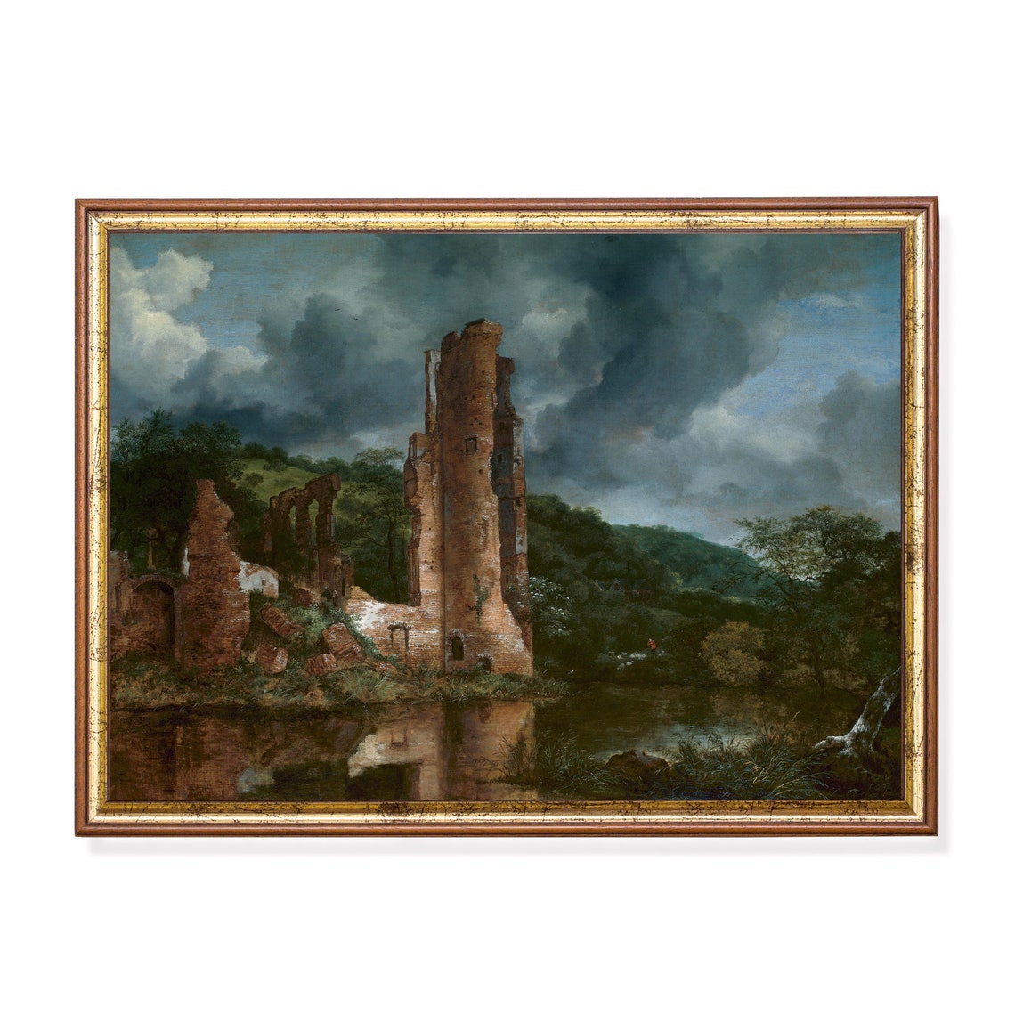 Ruined Brick Castle Tower by a River Under a Stormy Sky Poster