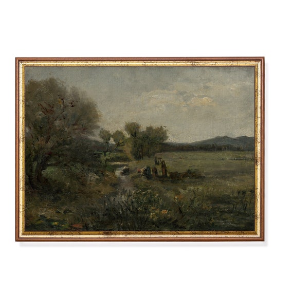 Vintage Landscape Painting Moody Rustic Print Country Farmhouse Decor Antique Nature Art Wall Art